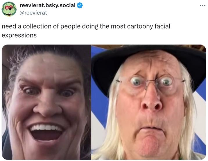 need a collection of people doing the most cartoony facial expressions : reevierat.bsky.social @reevierat need a collection of people doing the most cartoony facial expressions