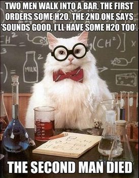 TWO MEN WALK INTO A BAR, THE FIRST ORDERS SOME H20, THE 2ND ONESAYS SOUNDS GOOD, I'LL HAVE SOME H20 T00'% 2. THE SECOND MAN DIED