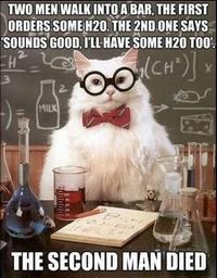 TWO MEN WALK INTO A BAR, THE FIRST ORDERS SOME H20, THE 2ND ONESAYS SOUNDS GOOD, I'LL HAVE SOME H20 T00'% 2. THE SECOND MAN DIED