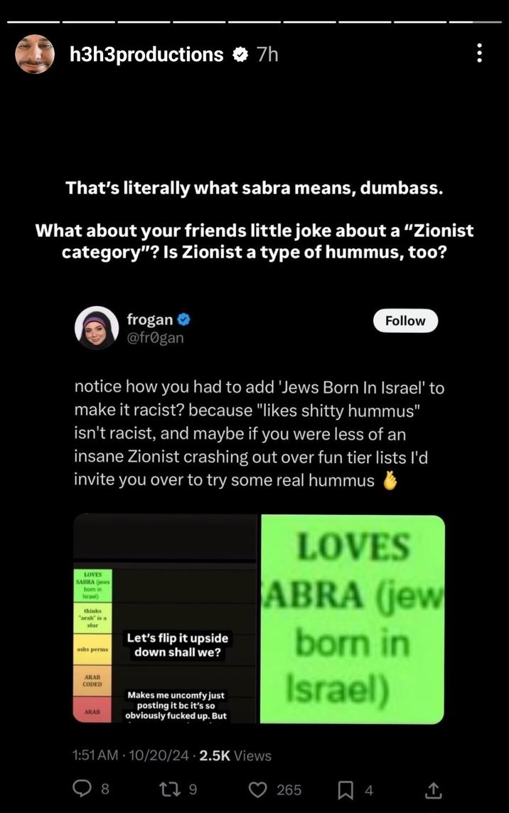 October 20th, 2024 Instagram Story by Ethan Klein h3h3productions 7h That's literally what sabra means, dumbass. What about your friends little joke about a "Zionist category"? Is Zionist a type of hummus, too? frogan @frogan Follow notice how you had to add 'Jews Born In Israel' to make it racist? because "likes s----- hummus" isn't racist, and maybe if you were less of an insane Zionist crashing out over fun tier lists I'd invite you over to try some real hummus LOVES SABRA (jews born in Israel) thinks "arab" is a slur asks perms ARAB CODED ARAB Let's flip it upside down shall we? Makes me uncomfy just posting it bc it's so obviously f----- up. But LOVES ABRA (jew born in Israel) 1:51 AM 10/20/24 2.5K Views 8 279 265 ☐ 4 ↑