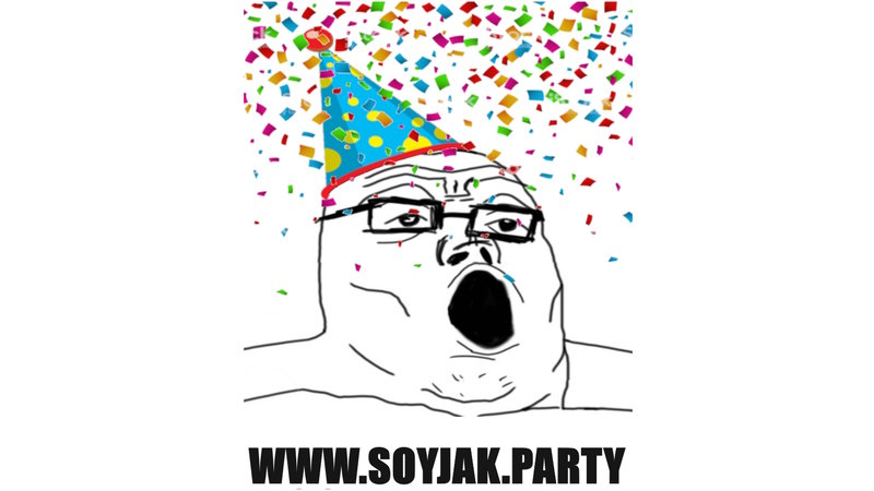 soyjak party website depicting a soyjak character wearing a party hat surrounded by confetti