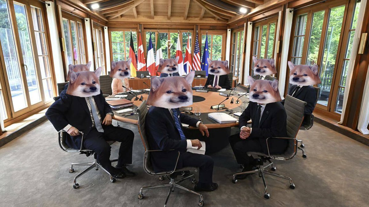 Nafo meme / North Atlantic Fella Organization meme depicting a table of political leaders with cheems photoshopped on their heads.