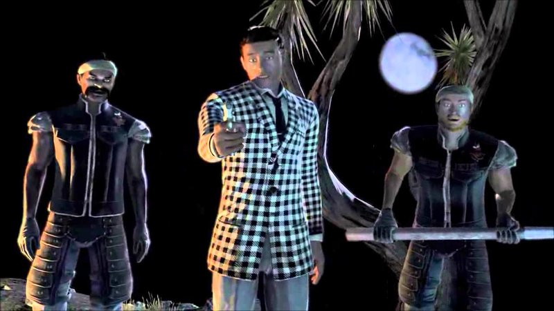 Fallout: New Vegas opening scene mobster in a checkered blazer pointing a gun