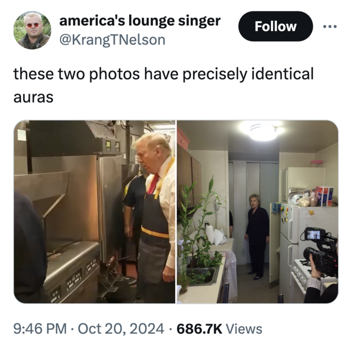 Compared to the Hillary Clinton in Kitchen photo "these two photos have precisely identical auras" america's lounge singer @KrangTNelson Follow these two photos have precisely identical auras • 9:46 PM Oct 20, 2024 686.7K Views •