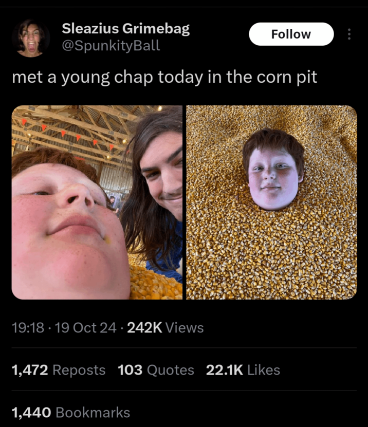 Sleazius Grimebag @SpunkityBall Follow met a young chap today in the corn pit 19:18-19 Oct 24 · 242K Views 1,472 Reposts 103 Quotes 22.1K Likes 1,440 Bookmarks