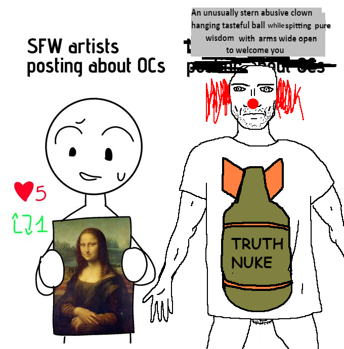 October 18th, 2024 meme tweet by @AbusiveHis91373 SFW artists posting about OCs An unusually stern abusive clown hanging tasteful ball while spitting pure wisdom with arms wide open to welcome you 5 171 TRUTH NUKE