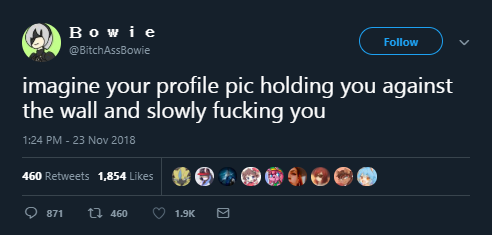 Bow i e @BitchAssBowie Follow imagine your profile pic holding you against the wall and slowly f------ you 1:24 PM-23 Nov 2018 460 Retweets 1,854 Likes 871 ti 460 1.9K
