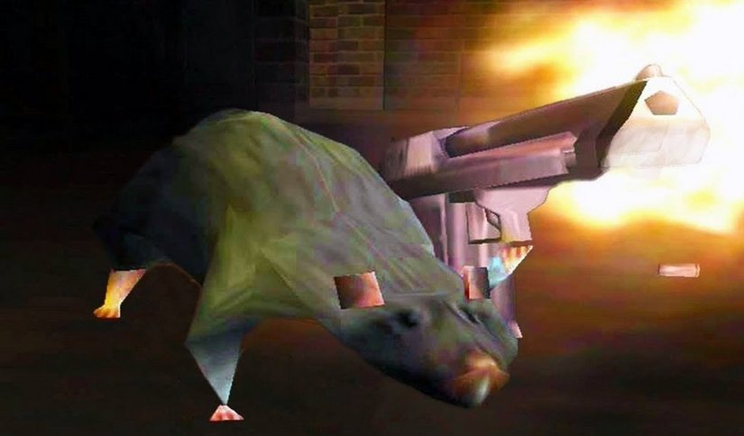 Low poly rat from the Max Payne video game shooting a pistol gun